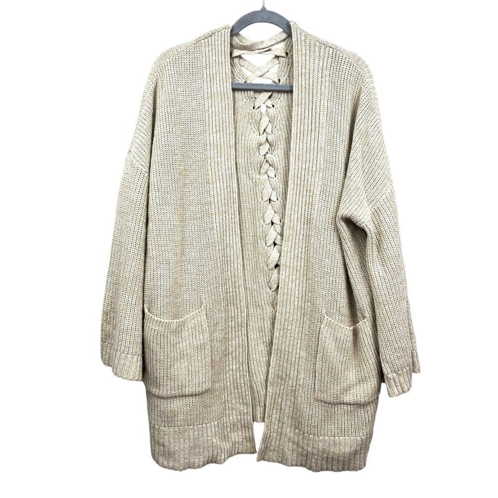 Rain + Rose Womens Cardigan Sweater Collarless Open Front Braided Back Beige L*